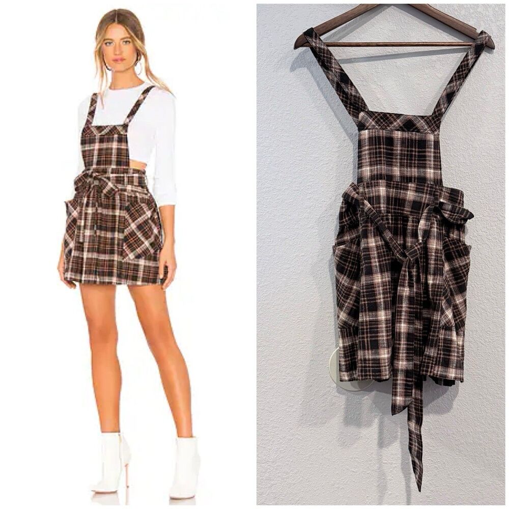 Free People Clover Pinafore Mini Dress Overall Plaid Pleated Bohemian Size 2